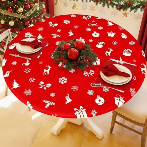 Moosfor Round Spandex Christmas Red Fitted Tablecloth for 36-44" Tables - Elastic Edge