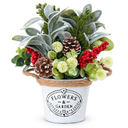 Christmas Table Decor with Metal Pot, Winter Xmas Centerpieces for