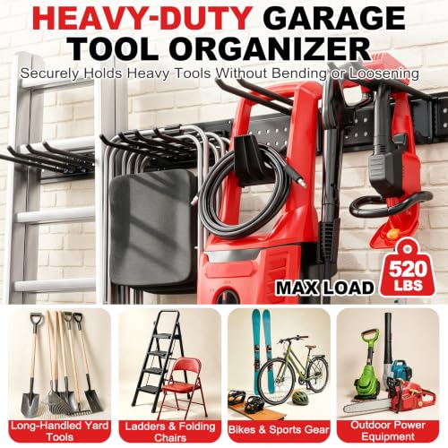 Garage Tool Organizer Wall Mount 66 Inches with 13 Heavy-Duty Hooks - Garden & Shed Storage Rack, Holds Up to 520 lbs - 4 Panels