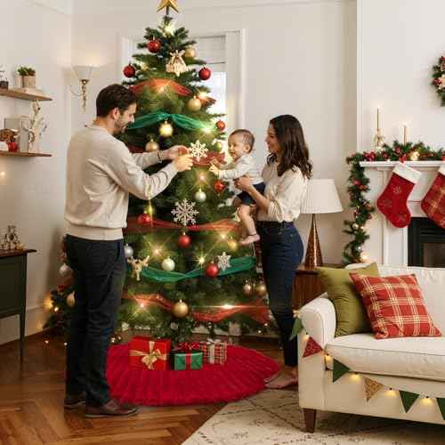 Lanpn Christmas Tree Skirt 12 inch, Faux Fur Xmas Tree Skirt Plush Winter Christmas Tree Mat for Small Mini Pencil Slim Artificial Trees Winter Home Party Indoor Xmas Decor (Red, 40cm)