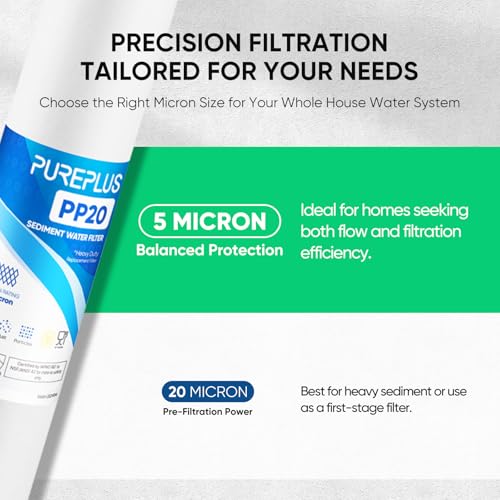 PUREPLUS 20x2.5 Inch 5 Micron Sediment Water Filter Cartridge Pack of 4