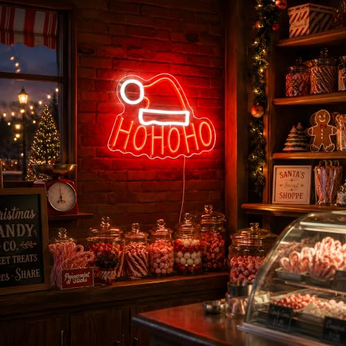HOHOHO Christmas Neon Sign with Santa Hat - USB Powered LED Wall Decor