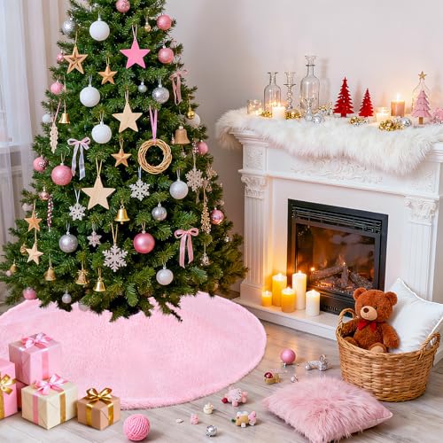 Pink Faux Fur Christmas Tree Skirt 48 Inch Large Holiday Decor - B-COOL