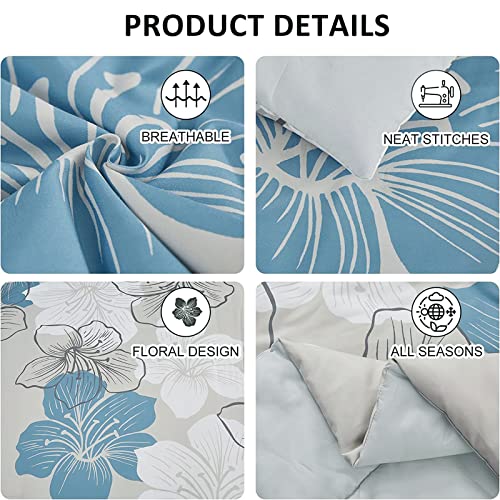 Queen Size Blue Floral Comforter Set with Sheets - 7 Pieces Bedding in a Bag