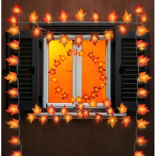 Fall Leaf Garland with Lights Decorations: 2 Pack Thanksgiving Fall String Lights Battery Operated Total 20 FT 40 LED Lamp Bead 40 Leaves Porch Home Indoor Outdoor Harvest Festival Wreath Fall Decor