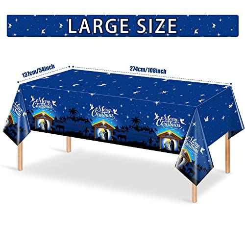 3 Pcs Holy Nativity Christmas Tablecloth, Blue Merry Christmas Religious Plastic Table Cover Holy Night Nativity Tablecloth for Merry Christmas Jesus Nativity Religious Party Decorations, 54x108 Inch