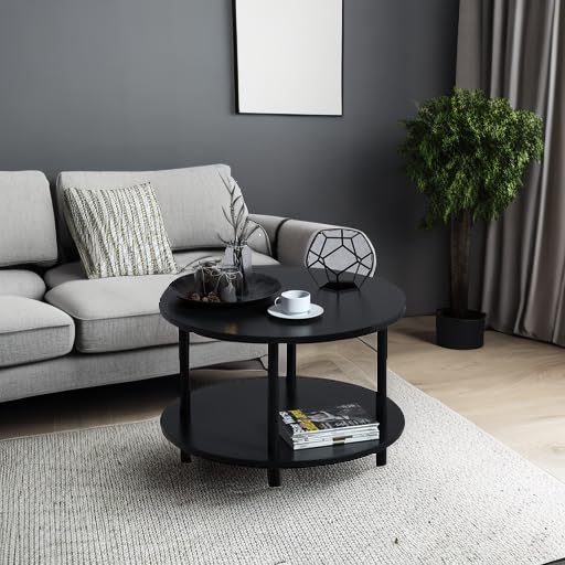 23.5-Inch Black Round Coffee Table with Open Storage - Small Space 2-Tier Wooden Center Table - Vanrohe Variation
