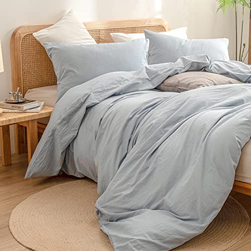 BESTOUCH Cotton Solid Duvet Cover Set Queen Cornflower Blue Linen Feel 90x90