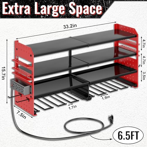 VeyFolzin Red Power Tool Organizer Wall Mount with Charging Station - Heavy Duty Metal, 4 Layers, 8 Drill Slots, 4-Outlet Power Strip