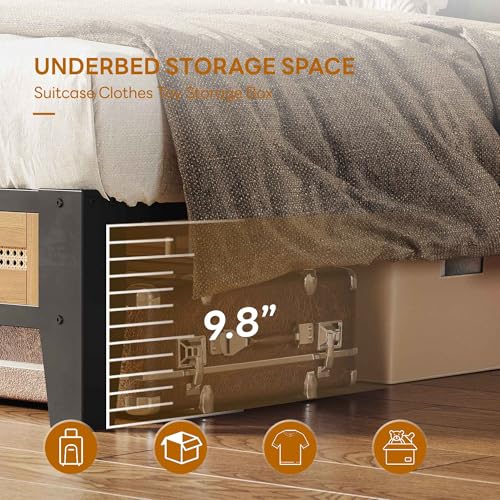 Twin Rattan Bed Frame with Headboard - Boho Metal Platform Bed, No Box Spring Needed