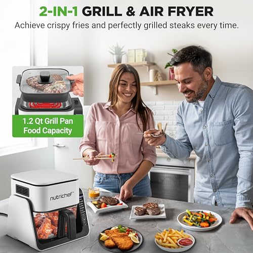 NutriChef 4QT Air Fryer & Indoor Grill - White, 7 Preset Modes, Double-Decker Design