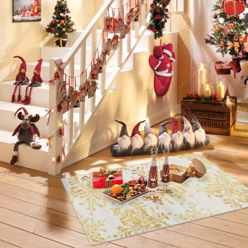 Lahome 2x4 Gold Snowflake Christmas Rug Entryway – Non-Slip, Machine Washable