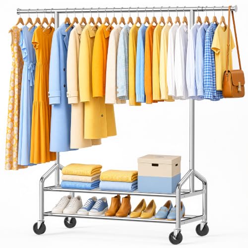 Heavy Duty Clothes Rack Extra Large Silver Load 650 LBS with 2 Shelves & Wheels