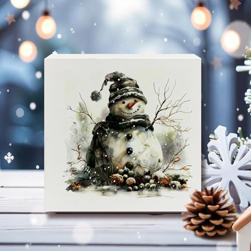 XUNLURY White Rustic Christmas Snowman Wooden Sign 5x5 Inch Holiday Decor