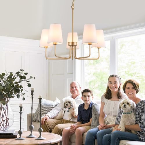 Farmhouse Gold Chandelier with 5 White Fabric Shades - Linear Island Lighting Fixture