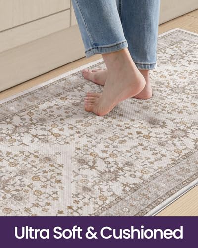 Anti Fatigue Kitchen Floor Mat 24x107 Long Cushioned Runner Rug Beige/White