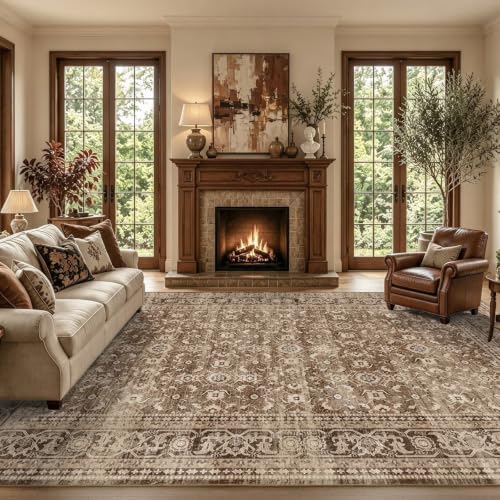 6' x 9' Rectangular Area Rug - Vintage Floral Design, Non-Slip, Machine Washable, Brown