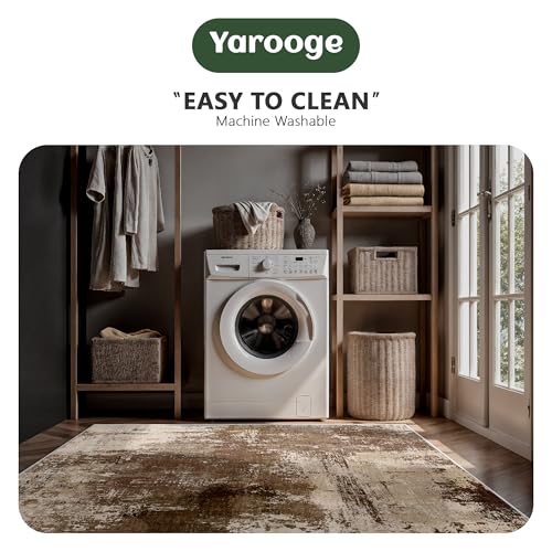 A-Brown 8x10 Modern Abstract Low Pile Washable Rug - Non Slip Large Floor Carpet for Living Room Bedroom