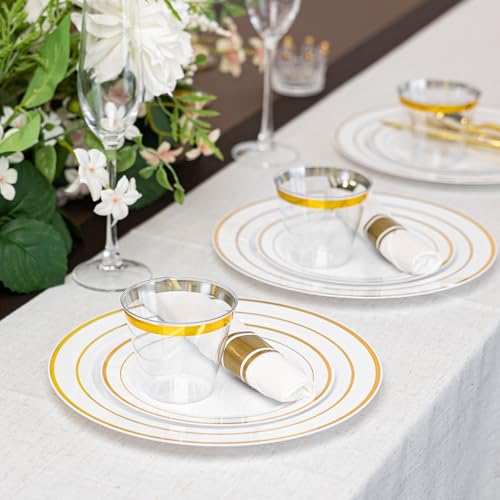 N9R White and Gold Disposable Plastic Plates Set for 50 Guests - Heavy Duty, BPA-Free