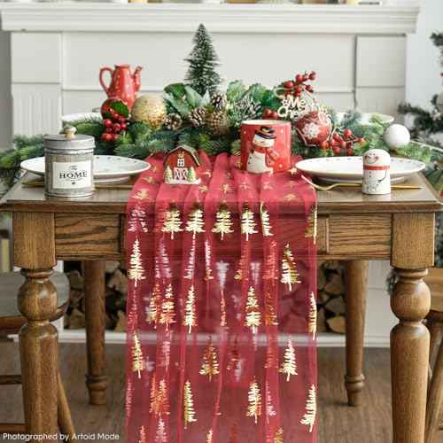 Artoid Mode Red Gold Christmas Tree Gauze Table Runner 120 Inch 10FT, Glitter Metallic Foil Seasonal Sheer Dining Holiday Table Decor for Home Party