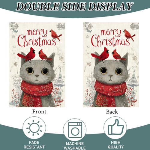 Cmialusie Colorful Christmas Garden Flag 11.81 x 17.72 inch Gray Cat & Red Cardinals Holiday Yard Decor