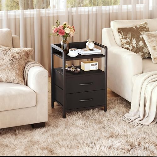 Black LED Nightstand with Charging Station, Storage Drawers & RGB Lighting