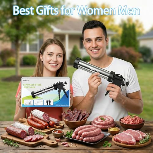 TENICPS Stainless Steel Jerky Gun Kit with 5 Nozzles, Sausage Maker, Food-Grade Meat Stuffer, Includes Brushes, Pusher & Gloves