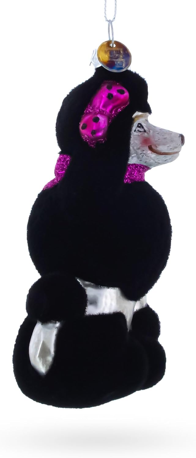 Faux Fur Black Poodle Christmas Ornament - Elegant Glass Holiday Decor