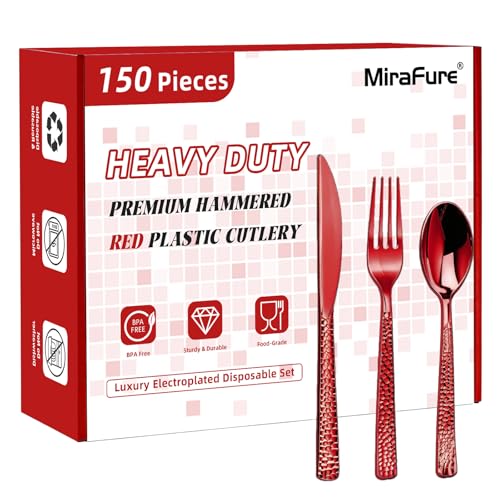 MiraFure 150 Count Red Hammered Heavy Duty Plastic Cutlery Set - 50 Forks, 50 Spoons, 50 Knives (Variation: 150 Count Red Set)