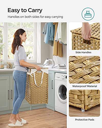 SONGMICS Laundry Hamper with Lid and 2 Sections - Natural 130L Wicker Basket with 6 Mesh Bags