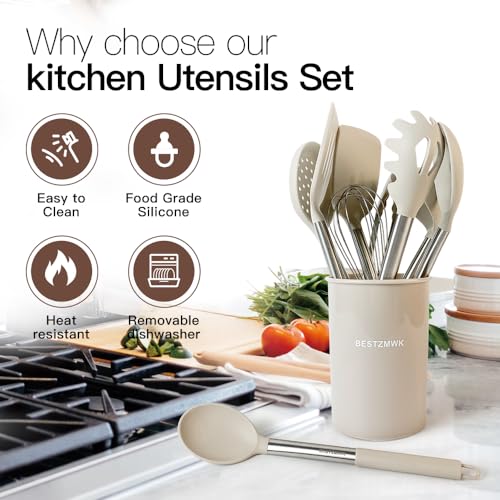 BESTZMWK Khaki Silicone Kitchen Utensil Set 33pcs Non-Stick Cookware with Stainless Steel Handles