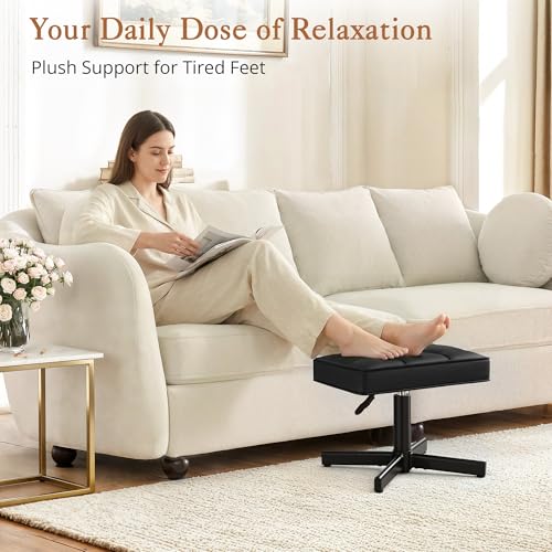 LUE BONA Adjustable Vanity Stool Black Upholstered Faux Leather Swivel Chair