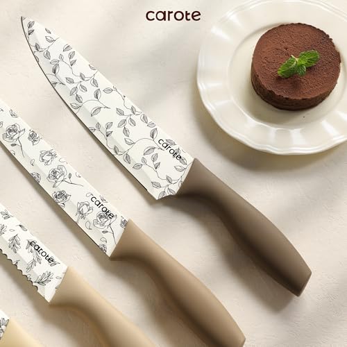 CAROTE Kitchen Knife Set, 6 Floral Knives with Blade Guards, 12-Piece