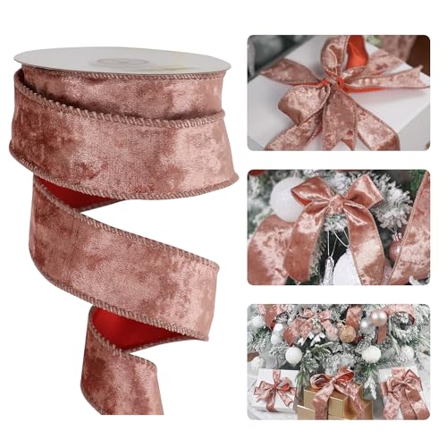 Rose Gold Velvet Wired Ribbon 1.5 Inch x 10 Yards for Gift Wrapping & Holiday Decor