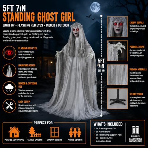 Fun Express Spooky Standing Ghost Girl Halloween Decoration - 5.7ft, Light-Up Eyes, Weather-Resistant Outdoor Prop