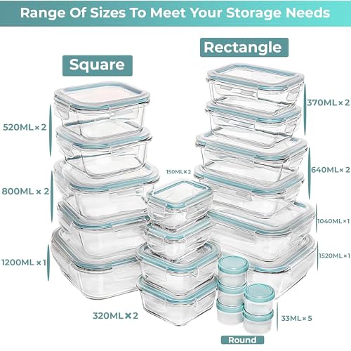 Blue 35-Piece Glass Food Storage Container Set with Airtight Lids - BPA-Free, Leak-Proof Meal Prep Boxes