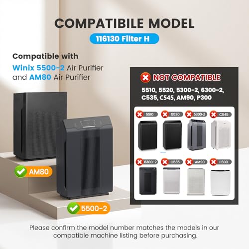 Smilyan 2-Pack HEPA & Carbon Filter Replacement for Winix 5500-2 & AM80 Air Purifiers, Model 116130