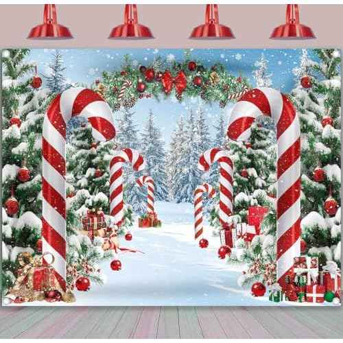Merry Christmas Candy Cane Backdrop Winter Snowy Scene Christmas Tree Photography Background Christmas Holiday New Year Xmas Eve Family Party Decorations Banner Booth Props (7x5FT(2.1m x 1.5m))