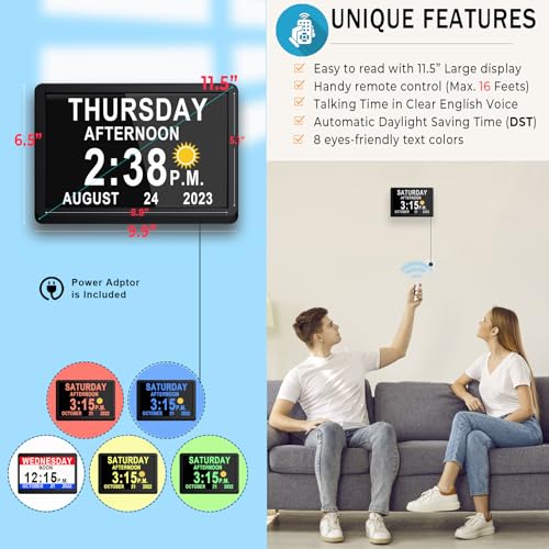 11.5 Inch Digital Clock with 27 Alarms Loud Talking Time & Remote - Black