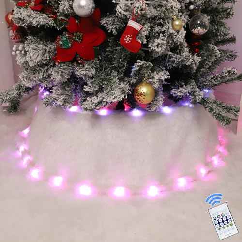 24 inch Christmas Tree Collar, 17 Light Modes White Plush Tree Collar Decoration with Remote, Round Christmas Tree Collars Ring for Christmas Artificial Pencil Trees Decor