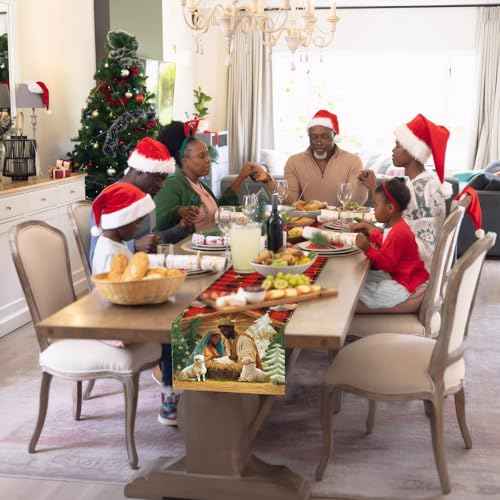 African American Religious Christmas Table Runner Buffalo Plaid Black Jesus Nativity Scene Table Runner for Home Decoration Xmas Winter Holiday Kitchen Decor (13" x 72")