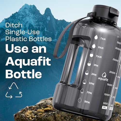 AQUAFIT 1 Gallon Water Bottle with Time Markers, Gray, 128oz, 2 Leak-Proof Lids