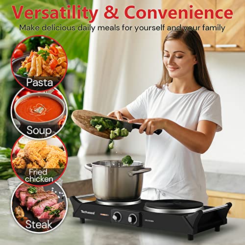 Techwood Double Hot Plate Electric Stove 1800W with Adjustable Temperature, Black Stainless Steel