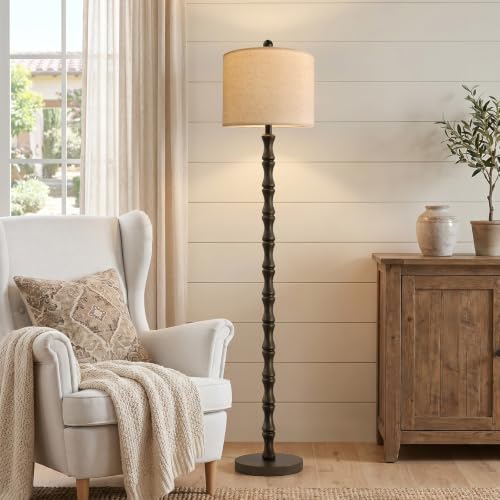Dark Brown Farmhouse Floor Lamp with Linen Shade - 62 Inch Standing Light for Living Room & Bedroom - Rustic Corner Decor