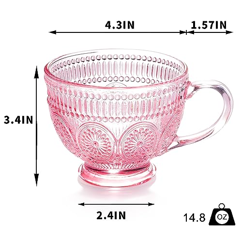 Vintage Glass Coffee Mug 14 oz Pink Embossed Handle - Set of 4