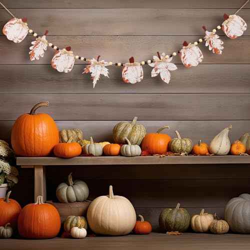 6.9 ft Fall Garland Wood Bead Banner with Pumpkin and Maple Leaves Thanksgiving Hanging Decorations for Farmhouse Home Wall Fireplace Autumn Halloween Birthday Baby Shower Party