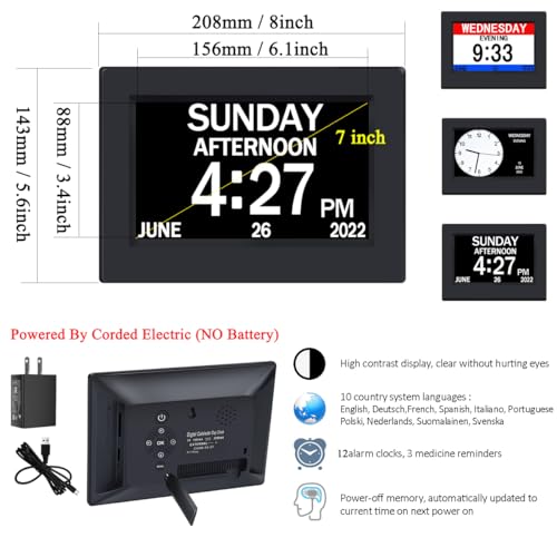 7in Digital Calendar Clock for Elderly with Large Display - Black - Variation of THIS listing