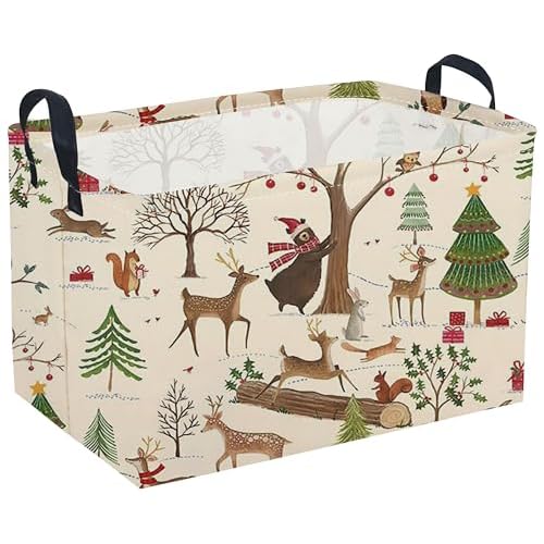 Sanjiaofeng Rectangular Christmas Basket Animal Storage Bins,Cute Storage Basket with Handles.Clothers,Books,Kid's Gifts Bins. (Animal Christmas)