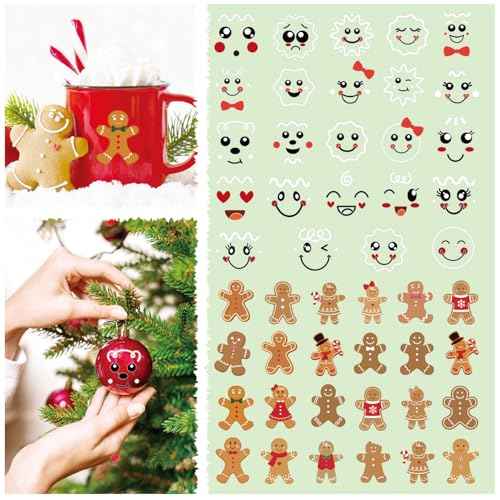 48pcs Christmas Gingerbread Stickers Cute Gingerbread Man Face Decals Xmas Winter Holiday Ornament Stickers for Cups Glass Envelopes Cards Gift DIY Crafts Party Supplies Decoration(face48)