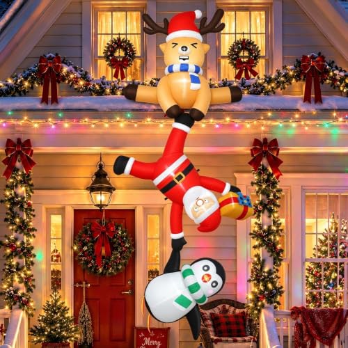 Joeyan 8ft Hanging Christmas Inflatable Santa with Reindeer & Penguin - Built-in LEDs, Roof, Balcony Decor (Variation: Santa & Reindeer Penguin)